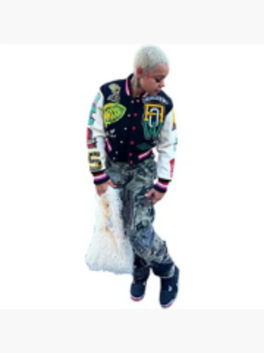 Polyester Cotton Ribbed Long Sleeve Graffiti Print Button Casual Baseball Jacket - Picture 4 of 7